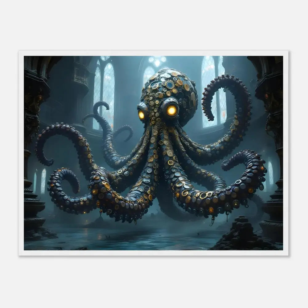 Steampunk-style octopus with glowing eyes in Framed Clocktopus Art Gothic Timebeast PixiOnyx Mythprint Edition