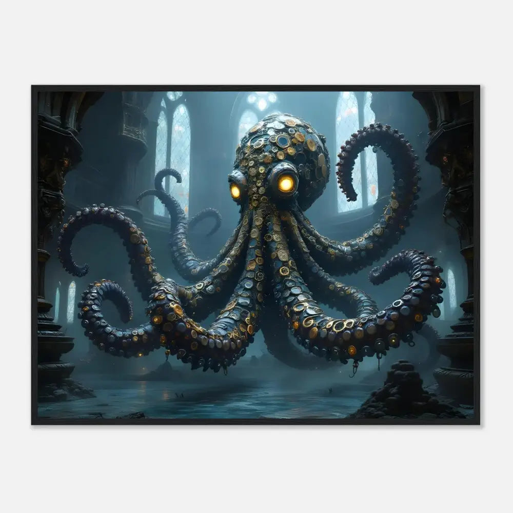 Steampunk-style octopus with glowing eyes in Framed Clocktopus Art Gothic Timebeast edition