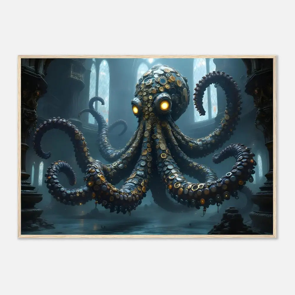 Steampunk-style octopus with glowing eyes on Framed Clocktopus Art Gothic Timebeast PixiOnyx Edition