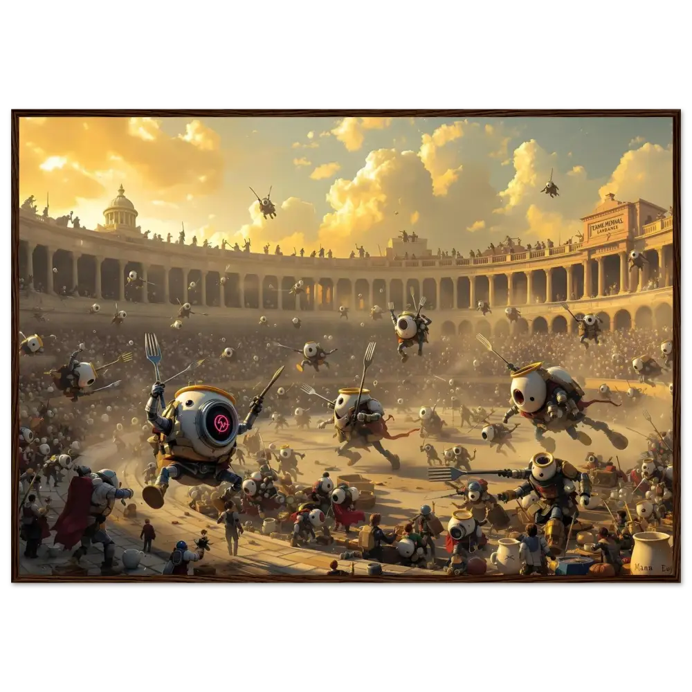 Robotic gladiatorial combat scene displayed in PixiOnyx Framed Coliseum Chaos artwork