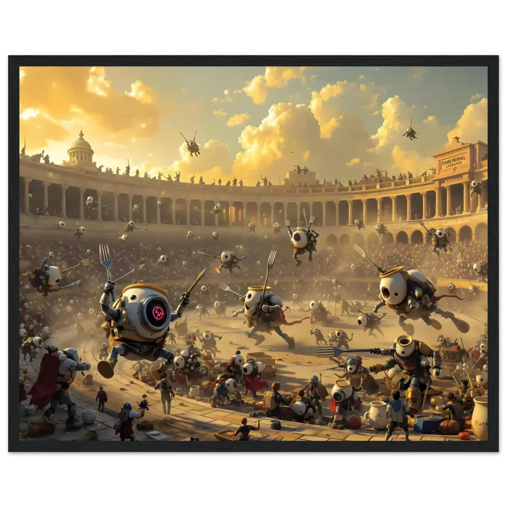 Robotic food fight scene from Framed Coliseum Chaos Battle of the Breakfast Bots PixiOnyx