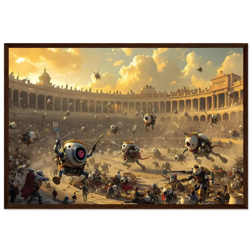 Robotic gladiatorial combat scene from Framed Coliseum Chaos Battle of the Breakfast Bots