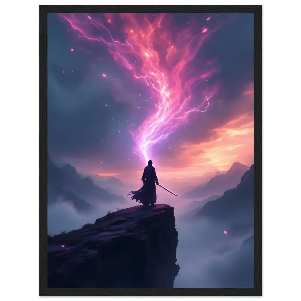 Mystical warrior standing on a cliff in cosmic art print titled Framed Cosmic Cliff Art PixiOnyx Matte Print