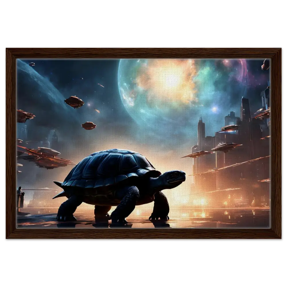 Framed futuristic turtle artwork on PixiOnyx Floating Frame Display by Cosmic Voyager Canvas