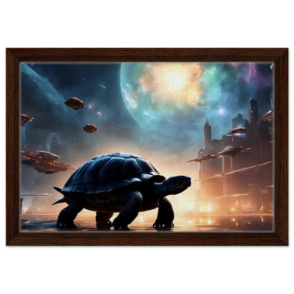 Framed futuristic turtle artwork on PixiOnyx Floating Frame Canvas Silent Orbit display