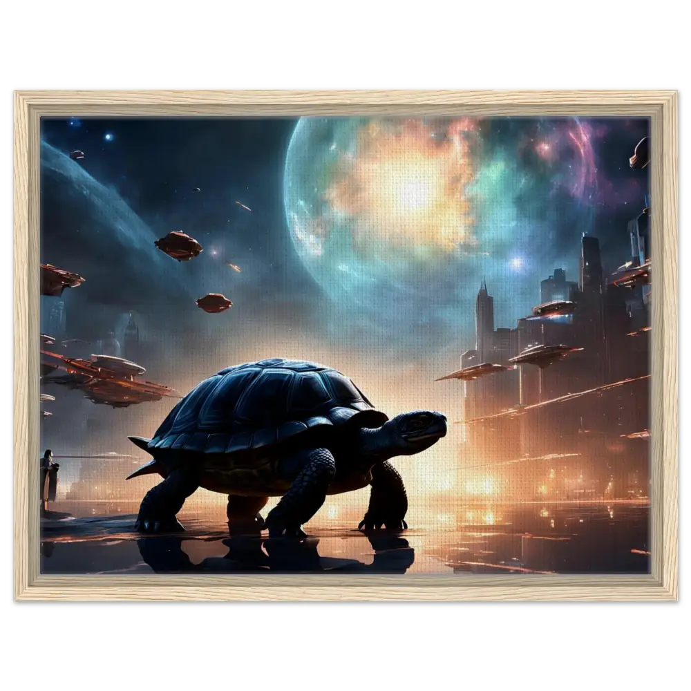 Framed futuristic turtle artwork on PixiOnyx Floating Frame display for cosmic voyager decor