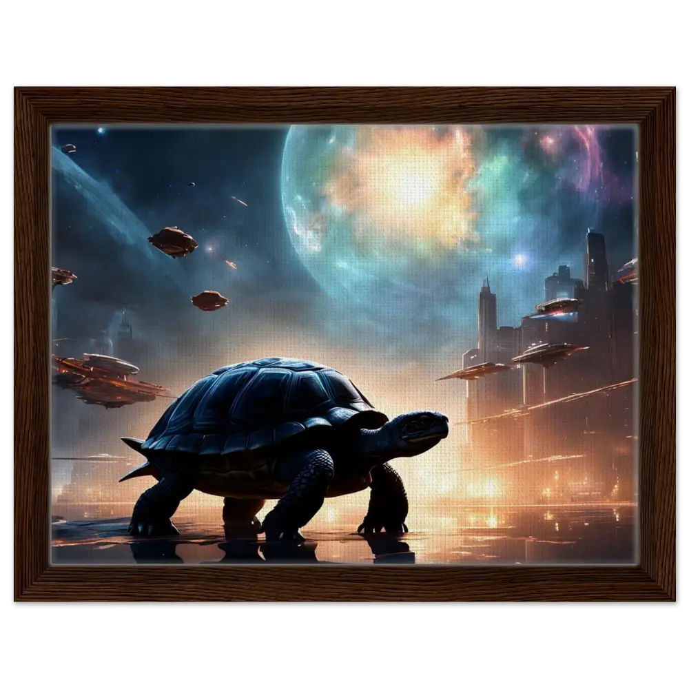 Framed futuristic turtle artwork from PixiOnyx Cosmic Voyager Canvas Silent Orbit display