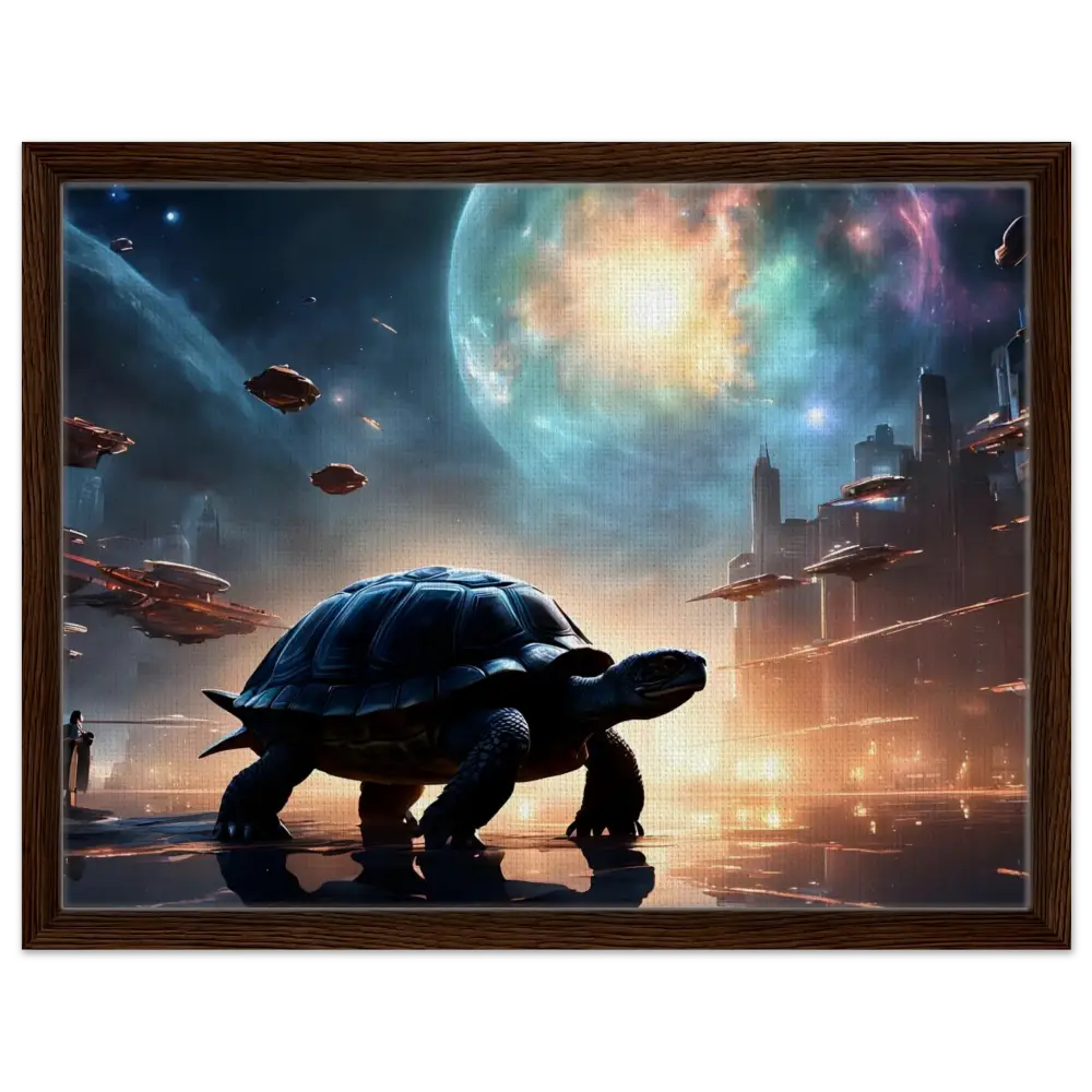 Framed futuristic turtle artwork on PixiOnyx Floating Frame Display for Cosmic Voyager Canvas