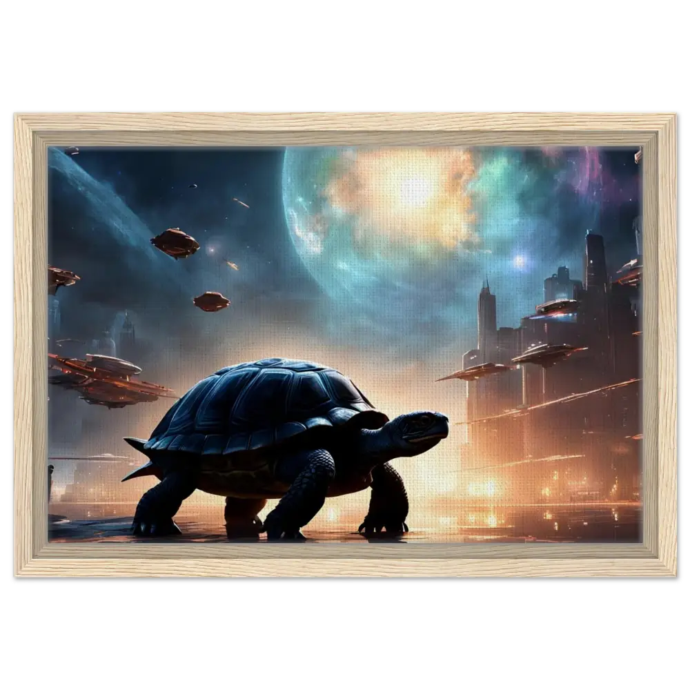 Framed futuristic turtle artwork on PixiOnyx Floating Frame for cosmic voyager decor