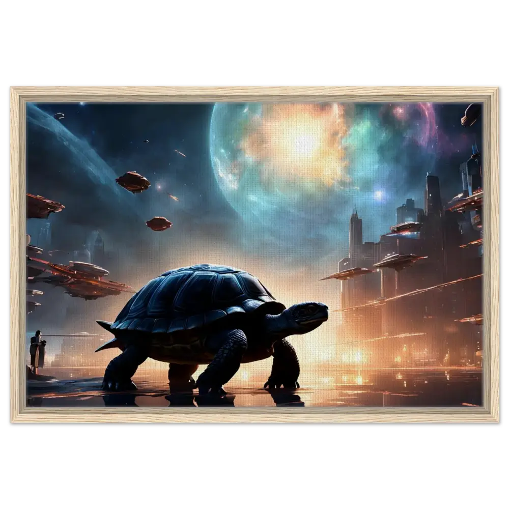 Framed futuristic turtle artwork on cosmic voyager canvas with PixiOnyx floating frame