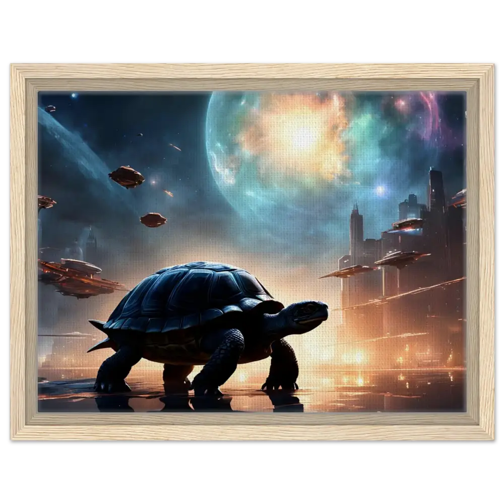 Framed futuristic turtle artwork displayed in PixiOnyx Floating Frame Canvas Silent Orbit