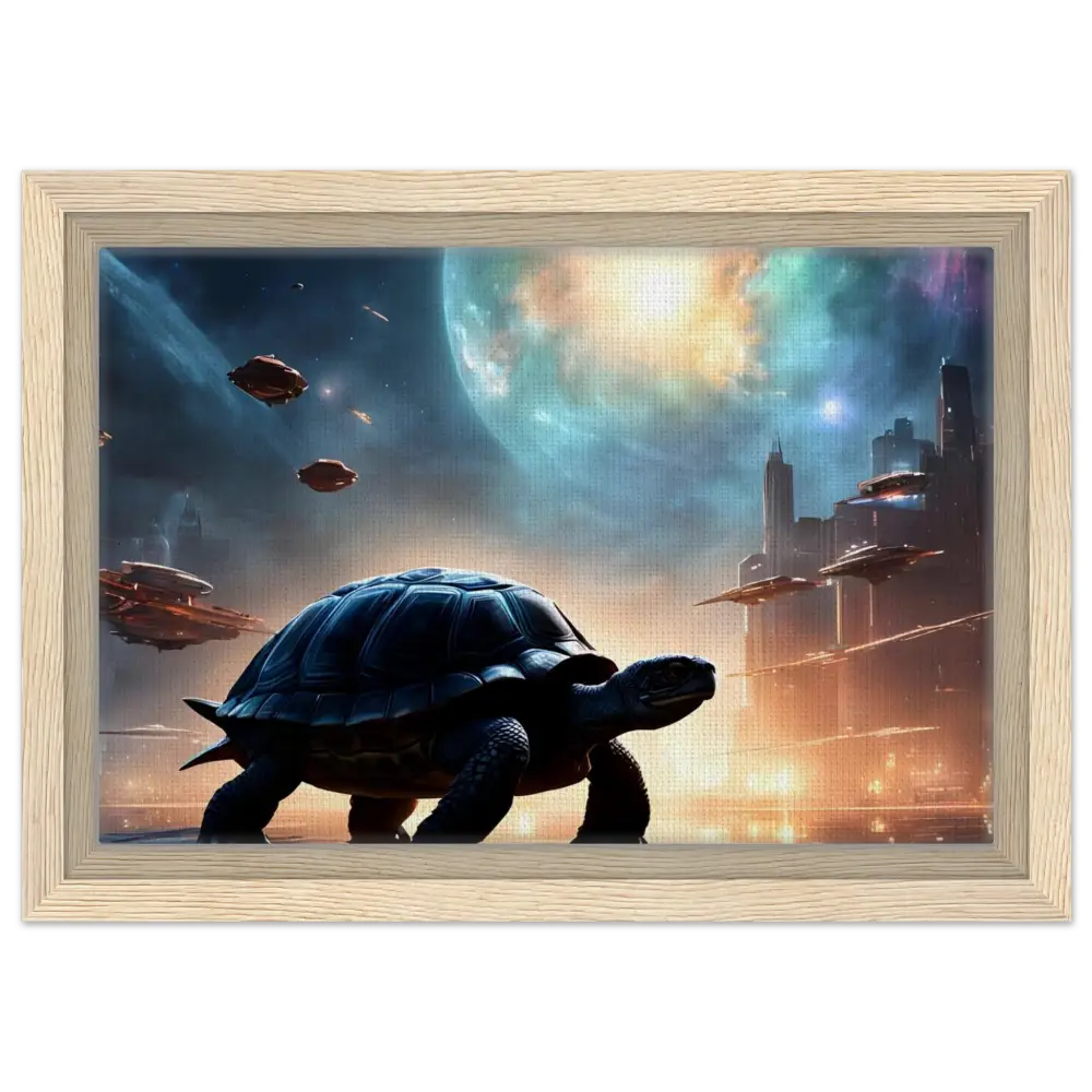 Framed futuristic turtle artwork on PixiOnyx Floating Frame Display titled Cosmic Voyager Canvas