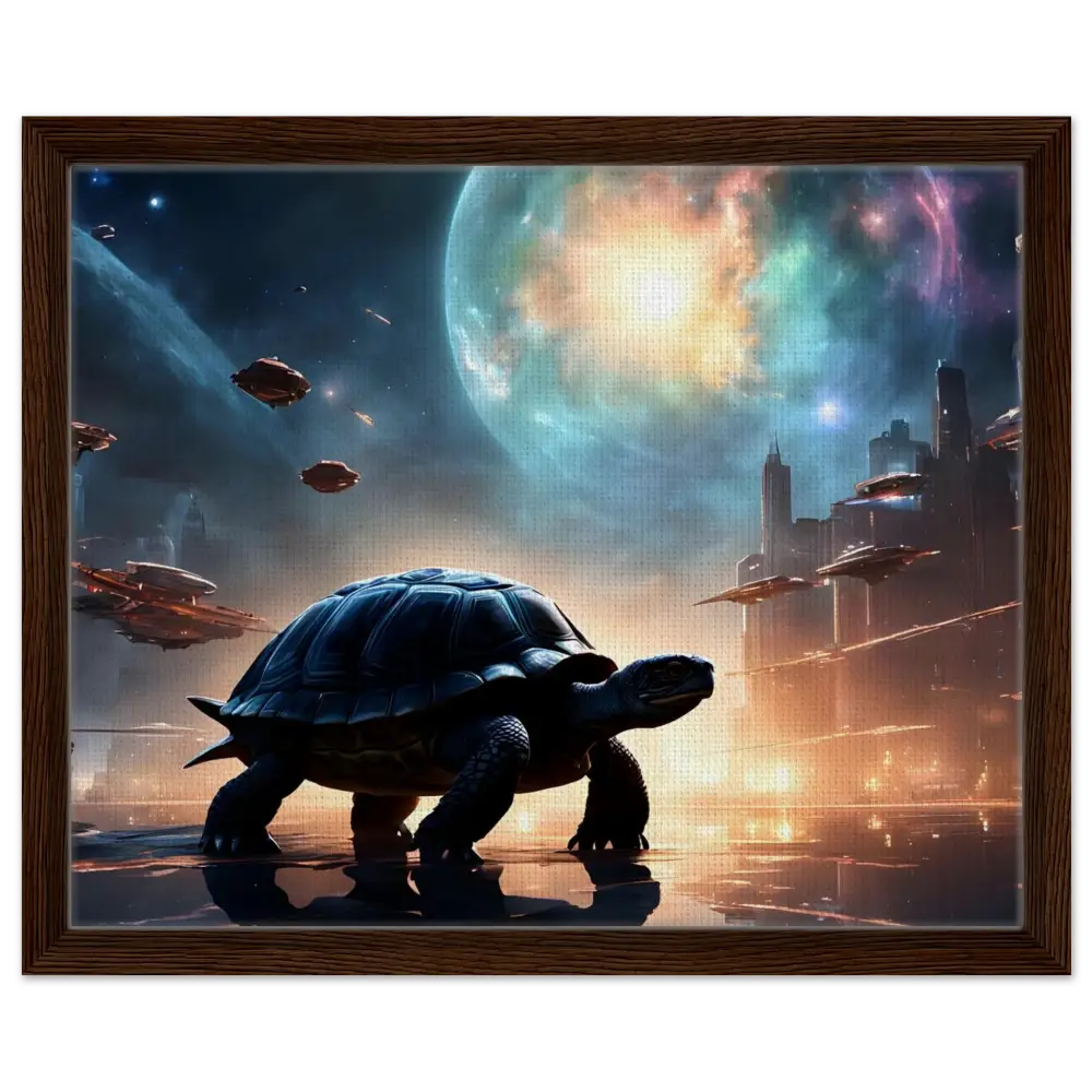 Framed futuristic turtle artwork displayed in PixiOnyx Floating Frame for Cosmic Voyager Canvas