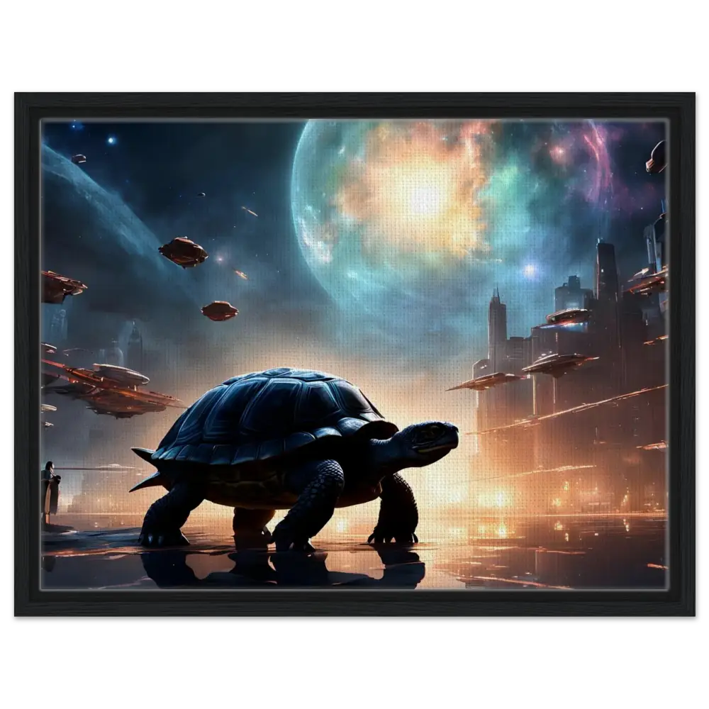 Futuristic turtle cityscape displayed on Framed Cosmic Voyager Canvas by PixiOnyx