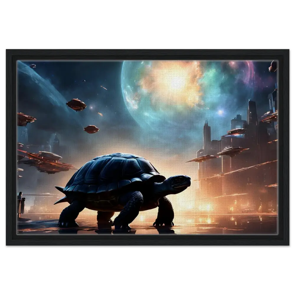 Futuristic turtle cityscape on a cosmic voyager canvas with PixiOnyx floating frame