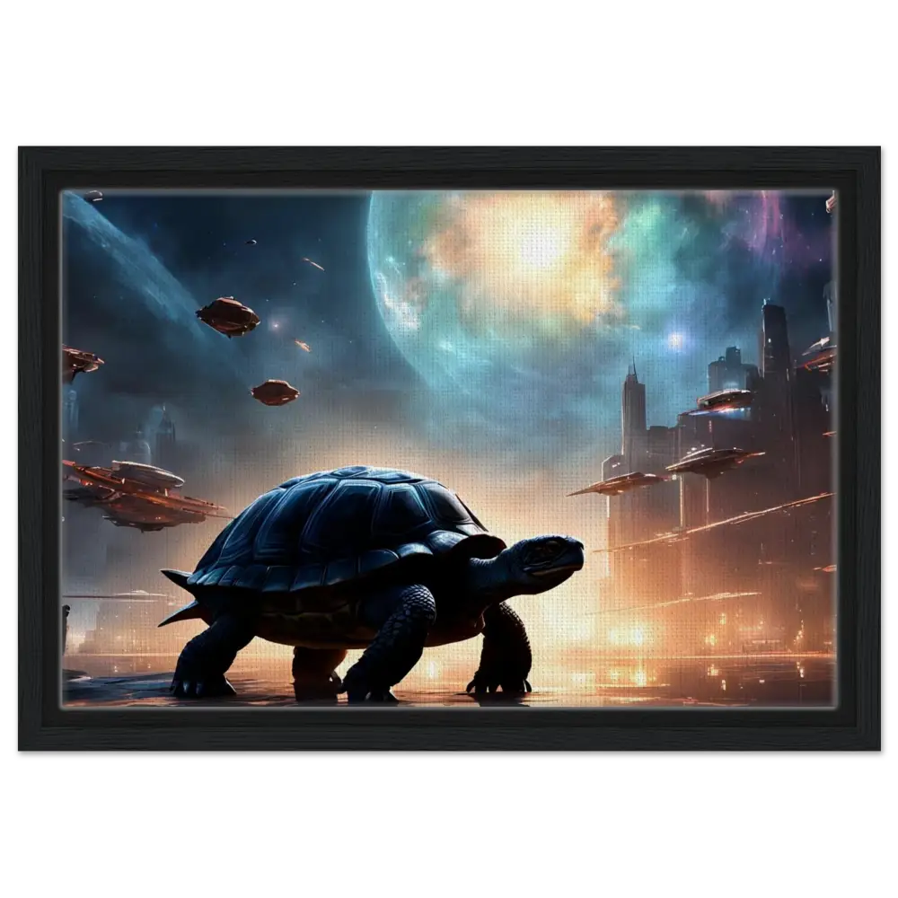 Futuristic turtle art on Framed Cosmic Voyager Canvas with PixiOnyx Floating Frame