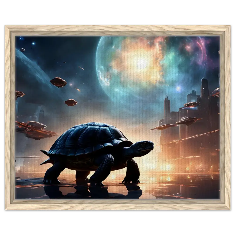 Futuristic turtle artwork displayed in Framed Cosmic Voyager Canvas with PixiOnyx Floating Frame