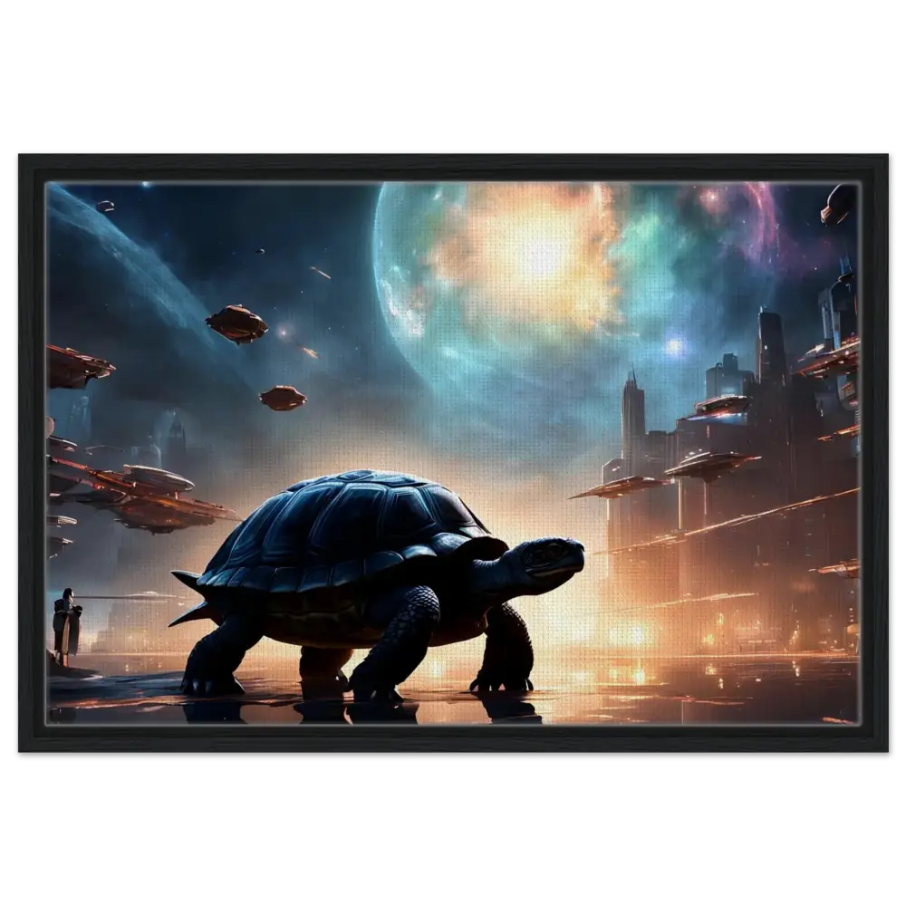 Futuristic turtle in a cityscape displayed on Framed Cosmic Voyager Canvas by PixiOnyx