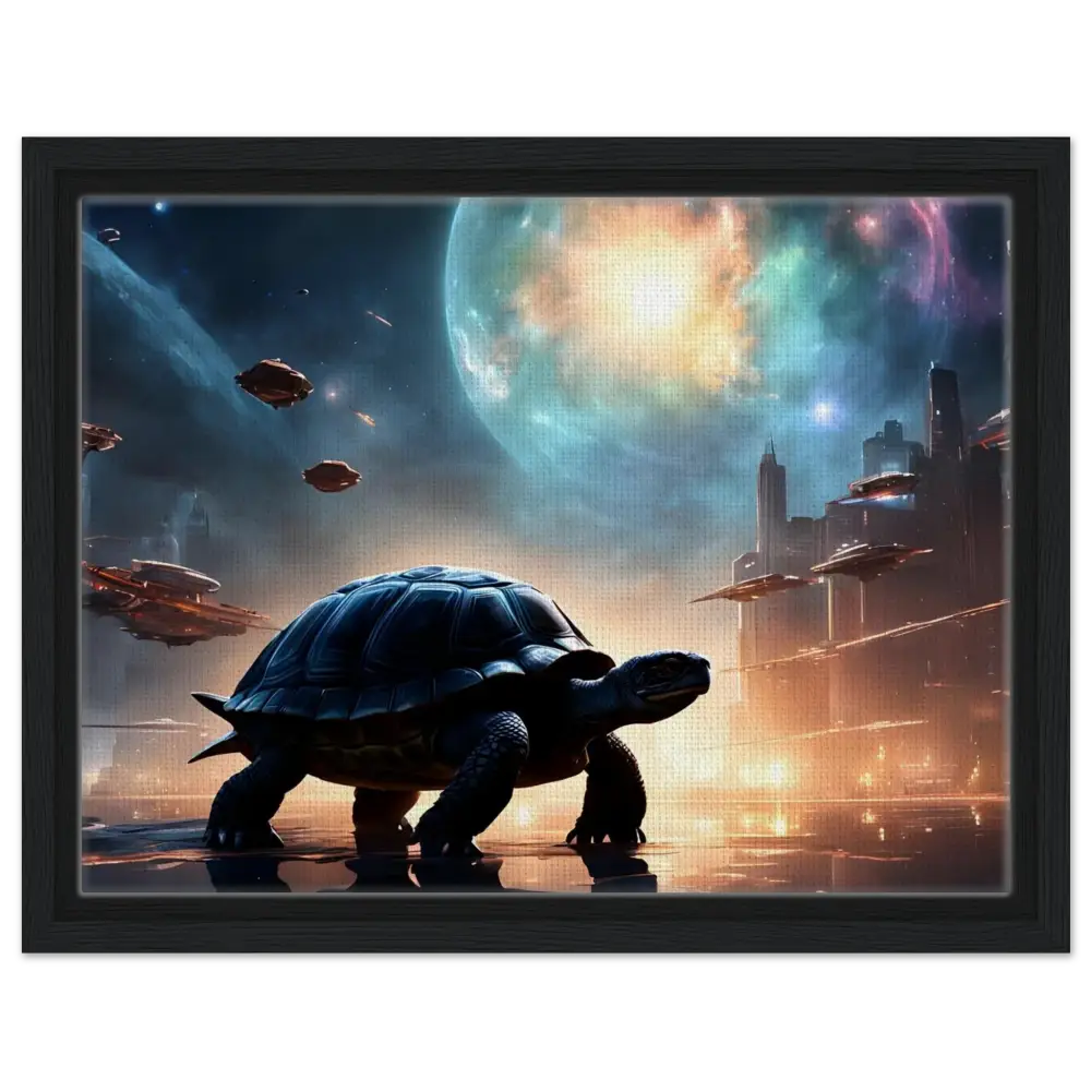 Futuristic turtle cityscape displayed on Framed Cosmic Voyager Canvas by PixiOnyx