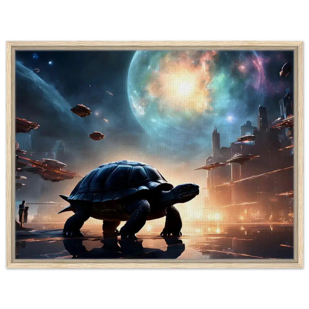 Framed futuristic turtle artwork on PixiOnyx Floating Frame Display titled Cosmic Voyager Canvas