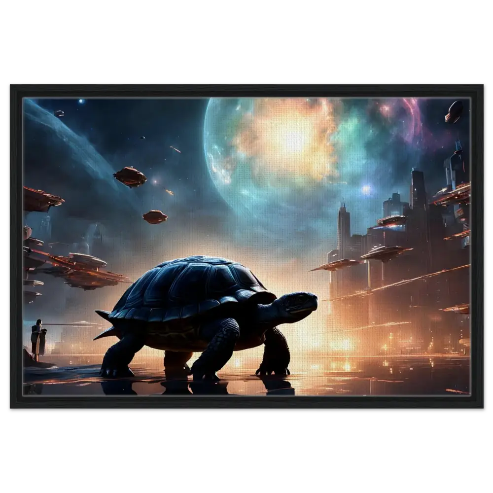 Futuristic turtle cityscape displayed on PixiOnyx Floating Frame Canvas Silent Orbit
