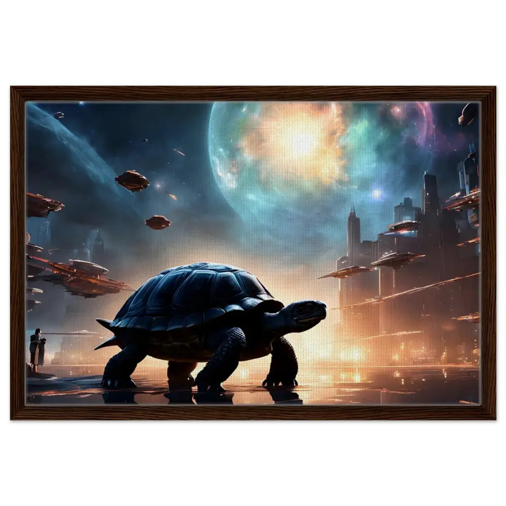 Framed futuristic turtle artwork displayed in PixiOnyx Floating Frame for Cosmic Voyager Canvas