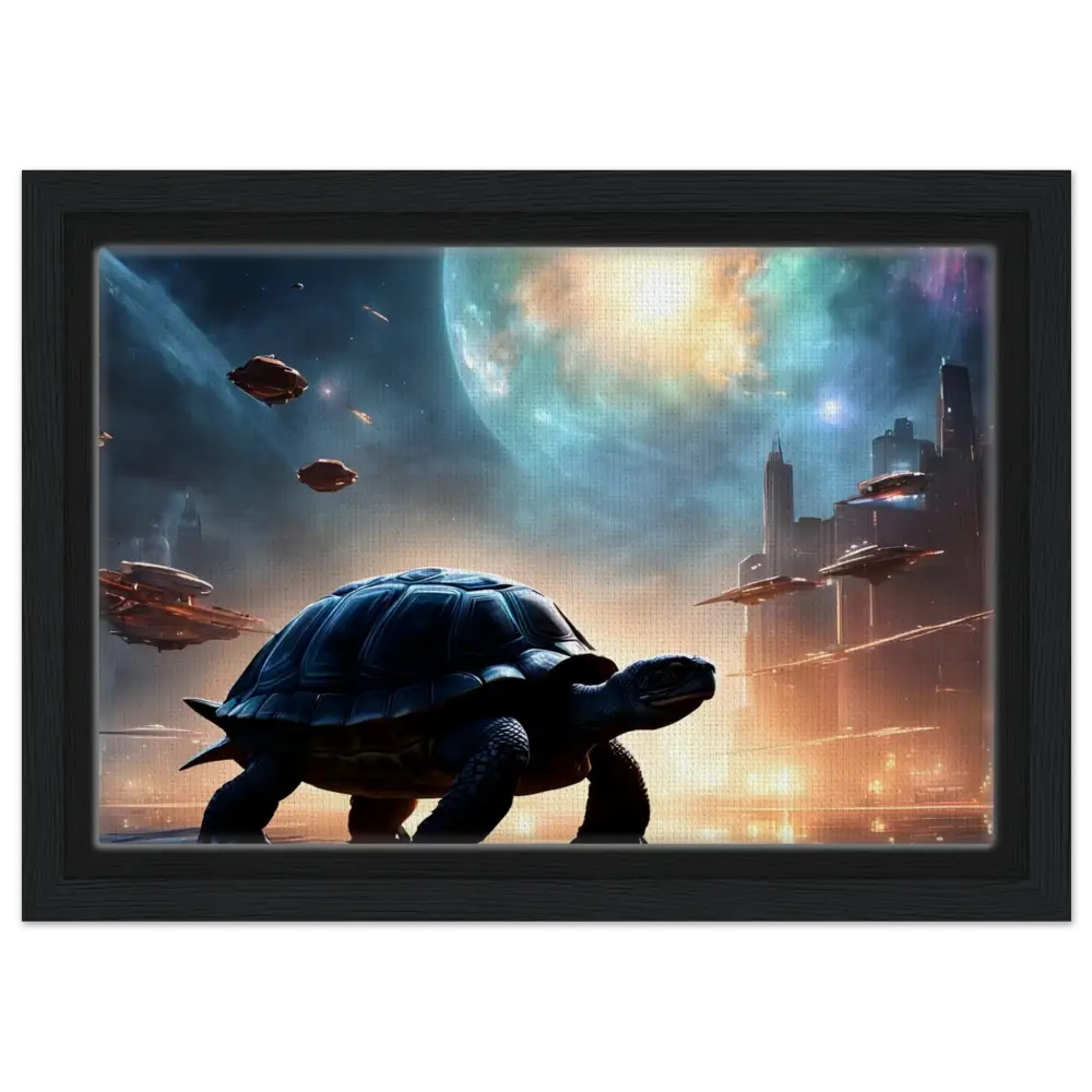 Framed futuristic turtle scene on PixiOnyx Floating Frame Display Cosmic Voyager Canvas