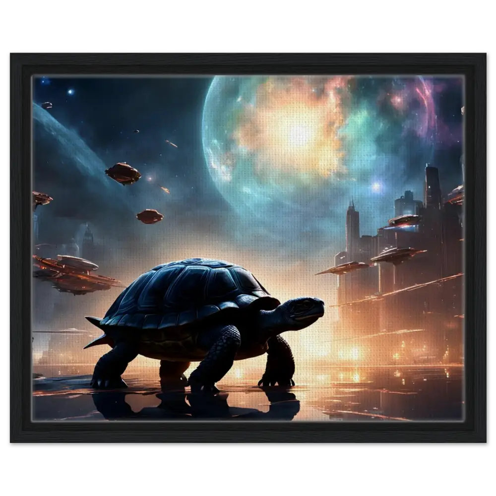 Futuristic turtle cityscape displayed on Framed Cosmic Voyager Canvas with PixiOnyx Floating Frame