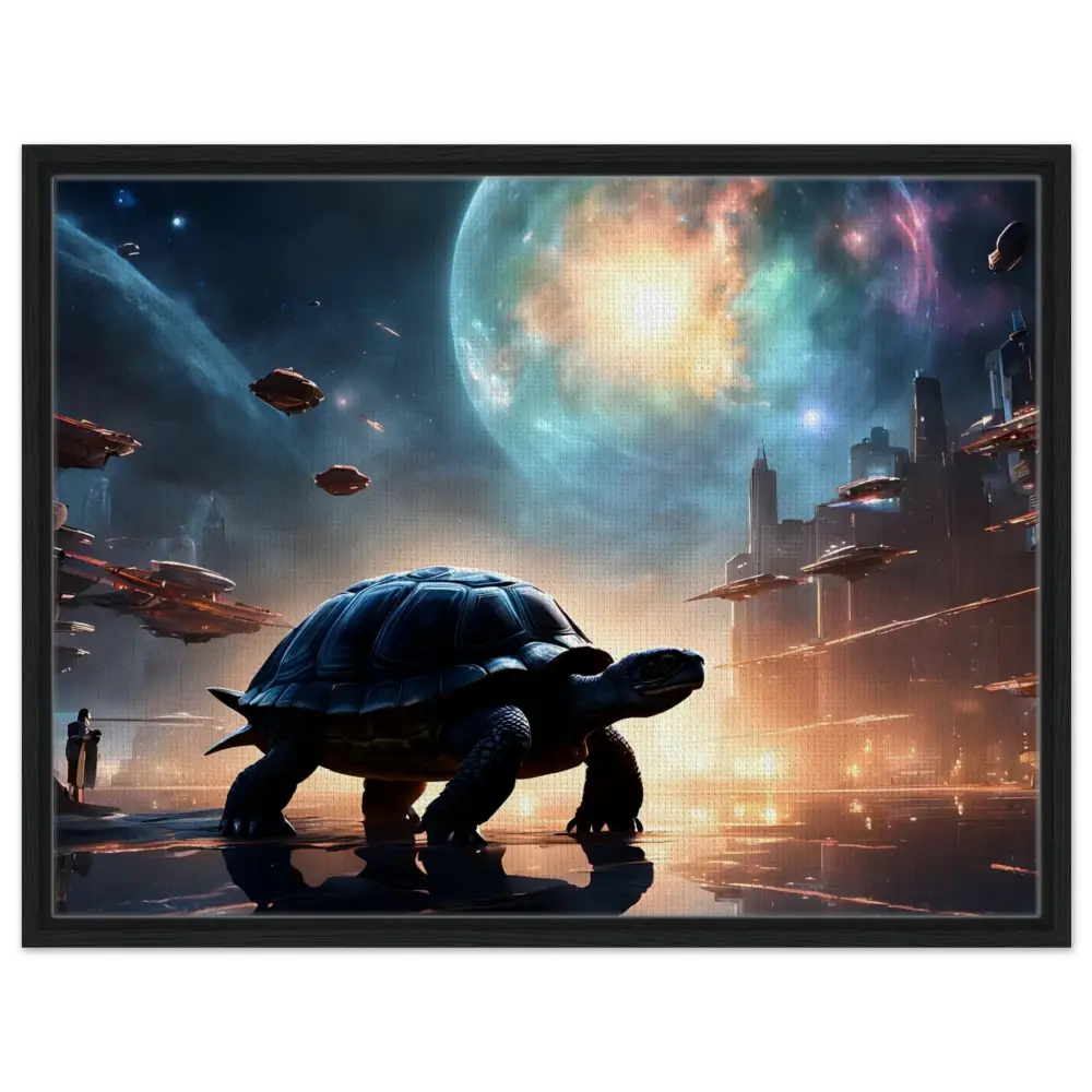 Futuristic turtle cityscape displayed on Framed Cosmic Voyager Canvas by PixiOnyx