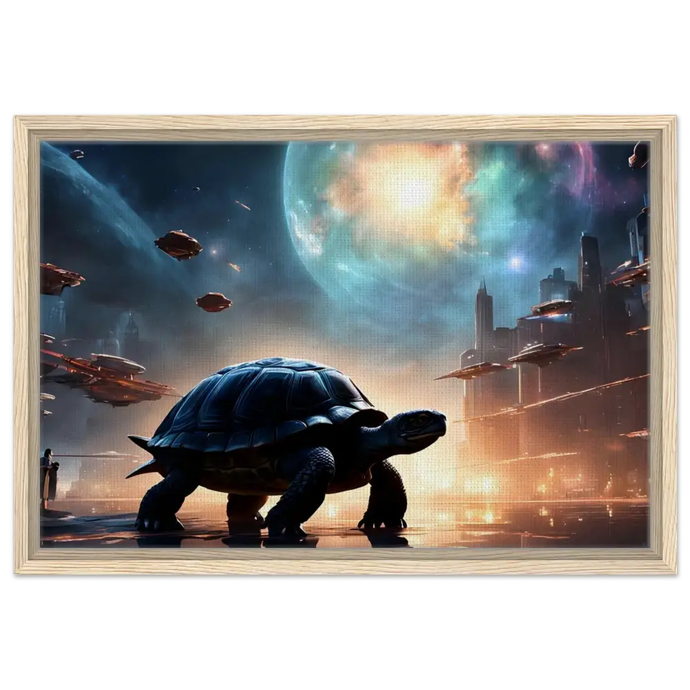 Framed futuristic turtle artwork displayed in PixiOnyx Floating Frame Canvas titled Silent Orbit