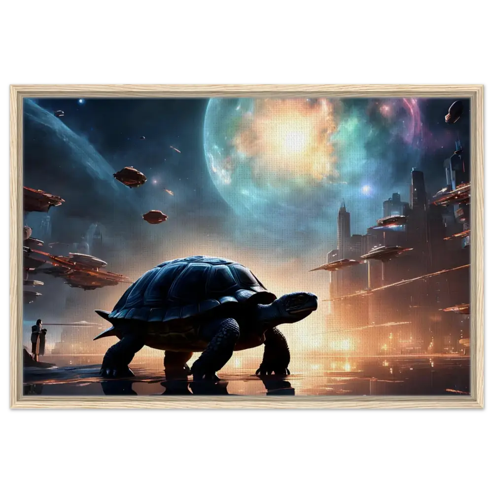 Framed futuristic turtle scene on PixiOnyx Cosmic Voyager Canvas with floating frame display