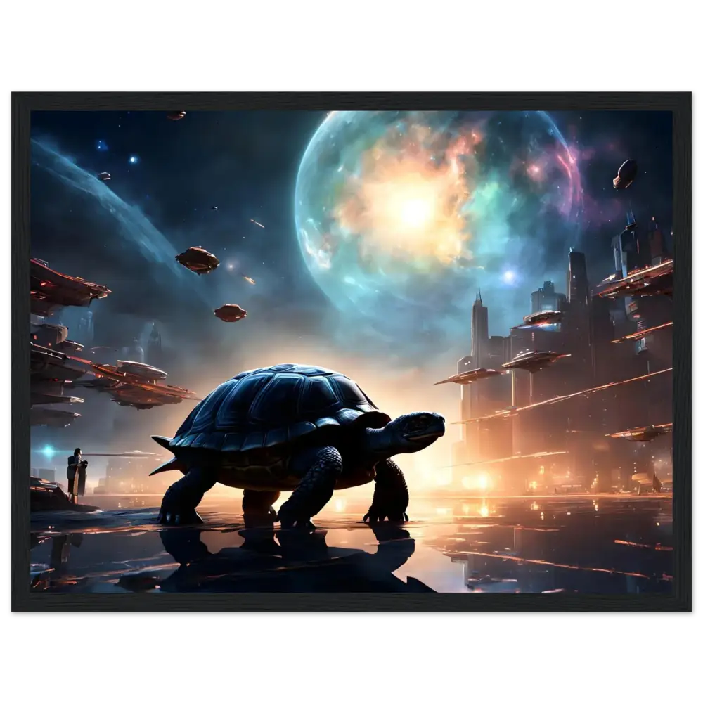 Futuristic turtle in a cityscape displayed on PixiOnyx Matte Wall Display for cosmic decor