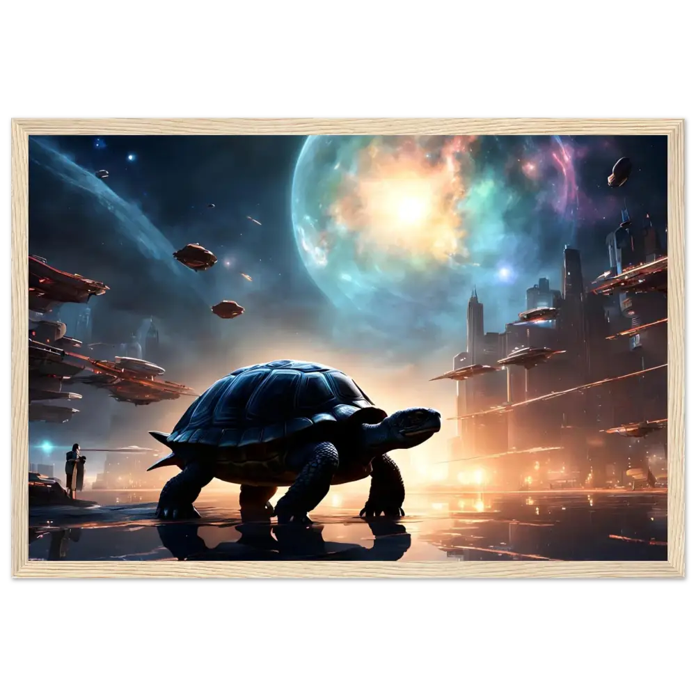 Framed futuristic turtle artwork from the Framed Cosmic Voyager Poster displayed on PixiOnyx Matte Wall Display