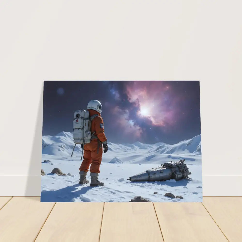 Framed Crashed Astronaut Poster - Silent Descent on snowy alien planet with spacecraft