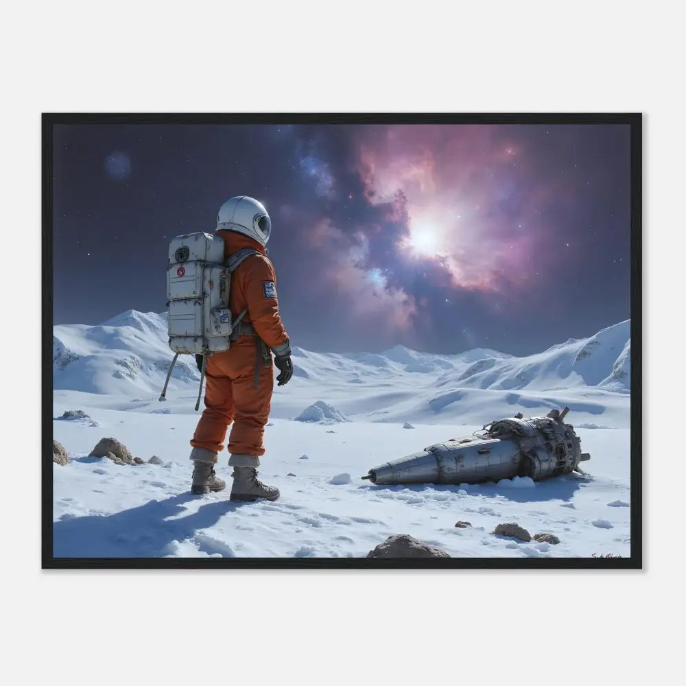 Framed crashed astronaut poster featuring a silent descent scene on PixiOnyx matte print