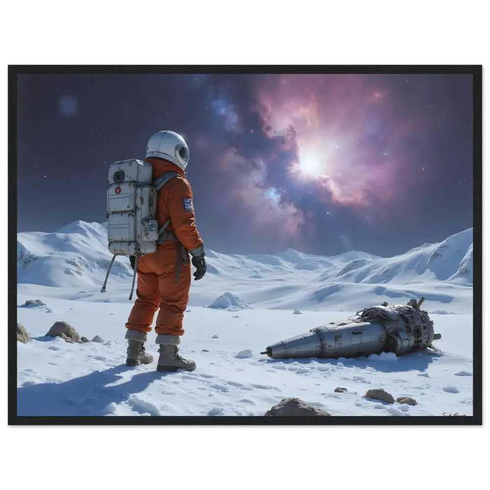 Framed Crashed Astronaut Poster Silent Descent PixiOnyx Matte Print featuring an astronaut in orange suit and crashed spacecraft