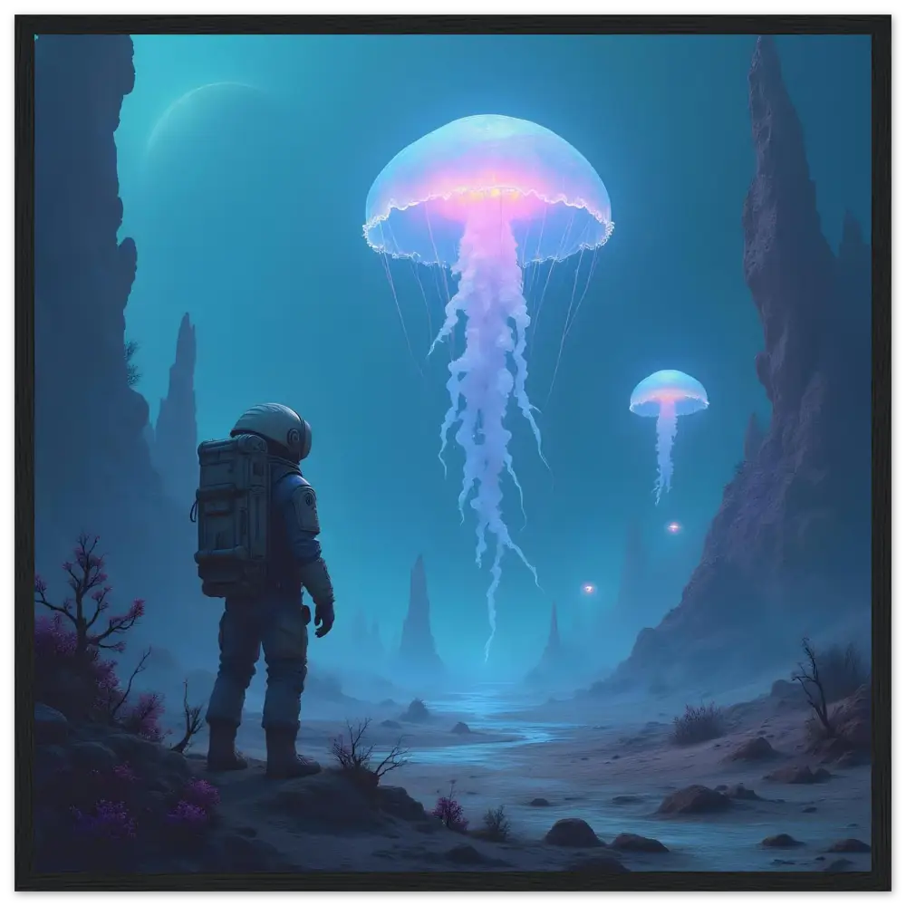 Astronaut gazing at bioluminescent jellyfish in space-themed PixiOnyx Matte Print artwork