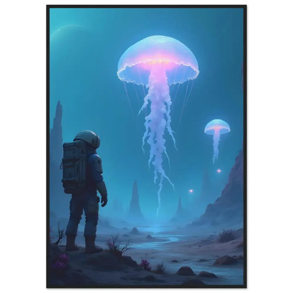 Astronaut gazing at bioluminescent jellyfish in space-themed PixiOnyx matte print artwork