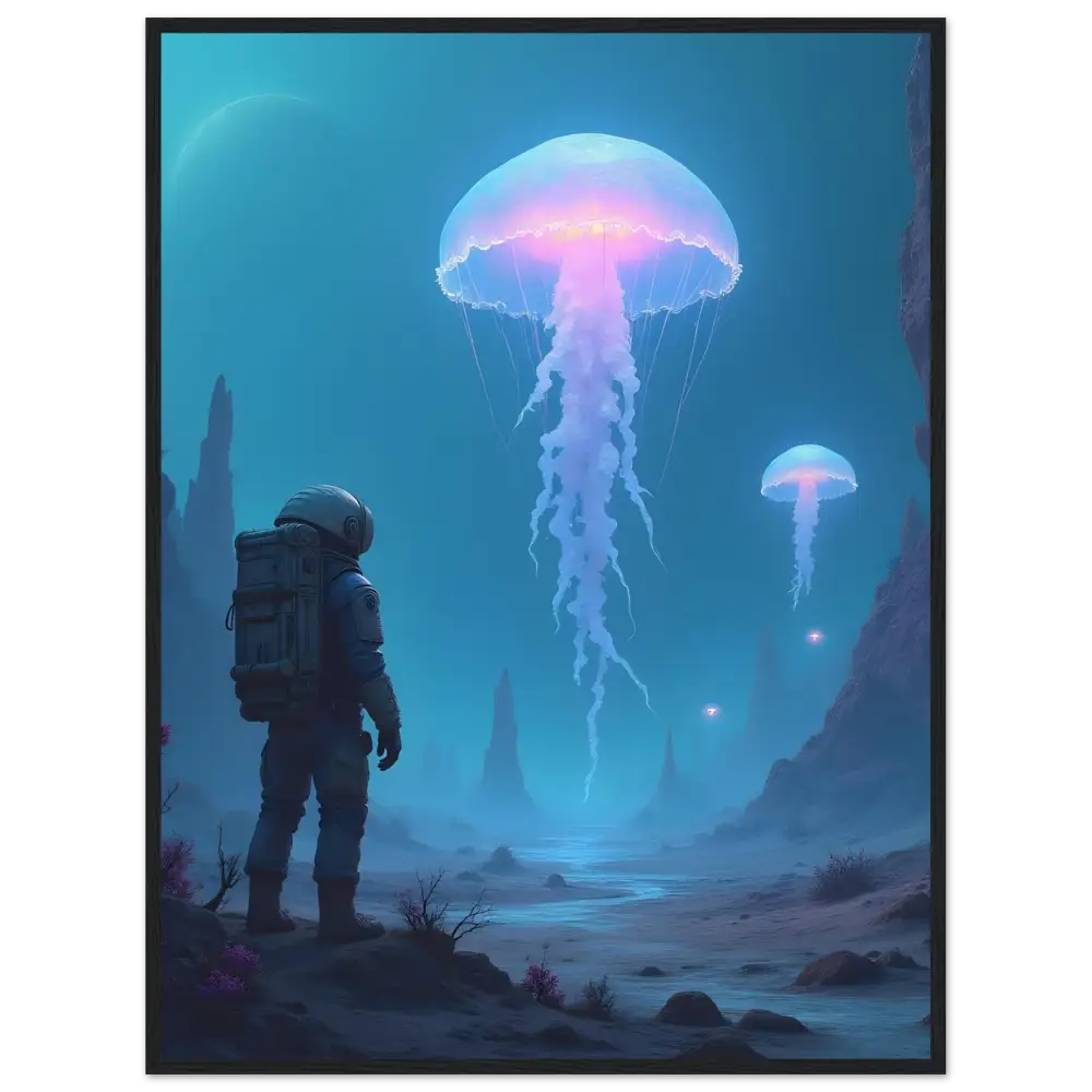 Astronaut gazing at bioluminescent space jellyfish framed art print by PixiOnyx