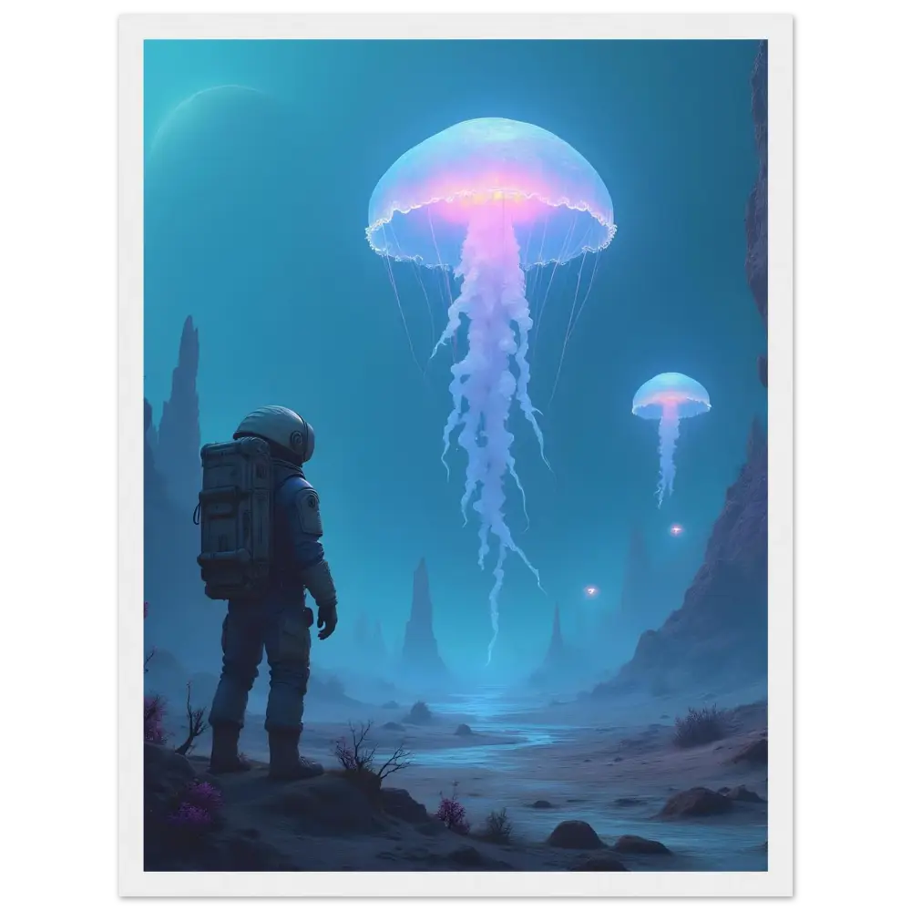 Astronaut gazing at bioluminescent jellyfish in space-themed PixiOnyx matte print artwork