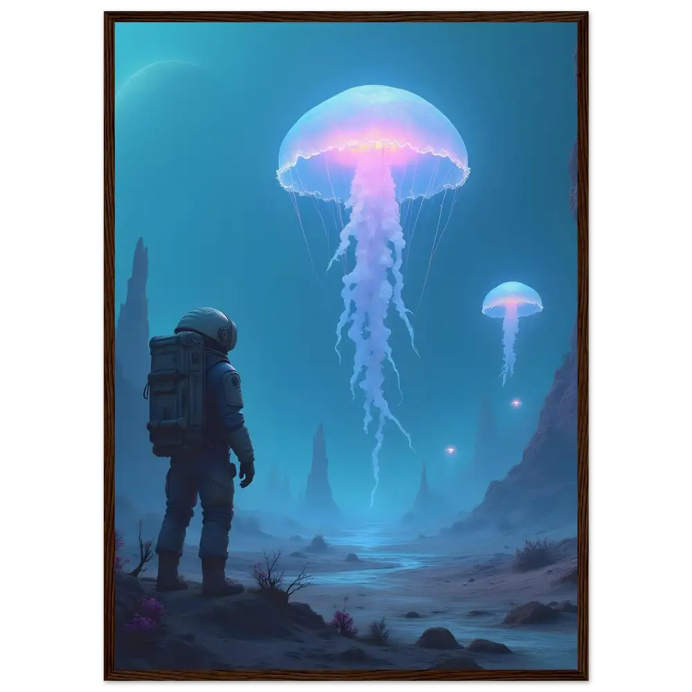 Framed astronaut and jellyfish artwork featuring bioluminescent space jellyfish on PixiOnyx matte print