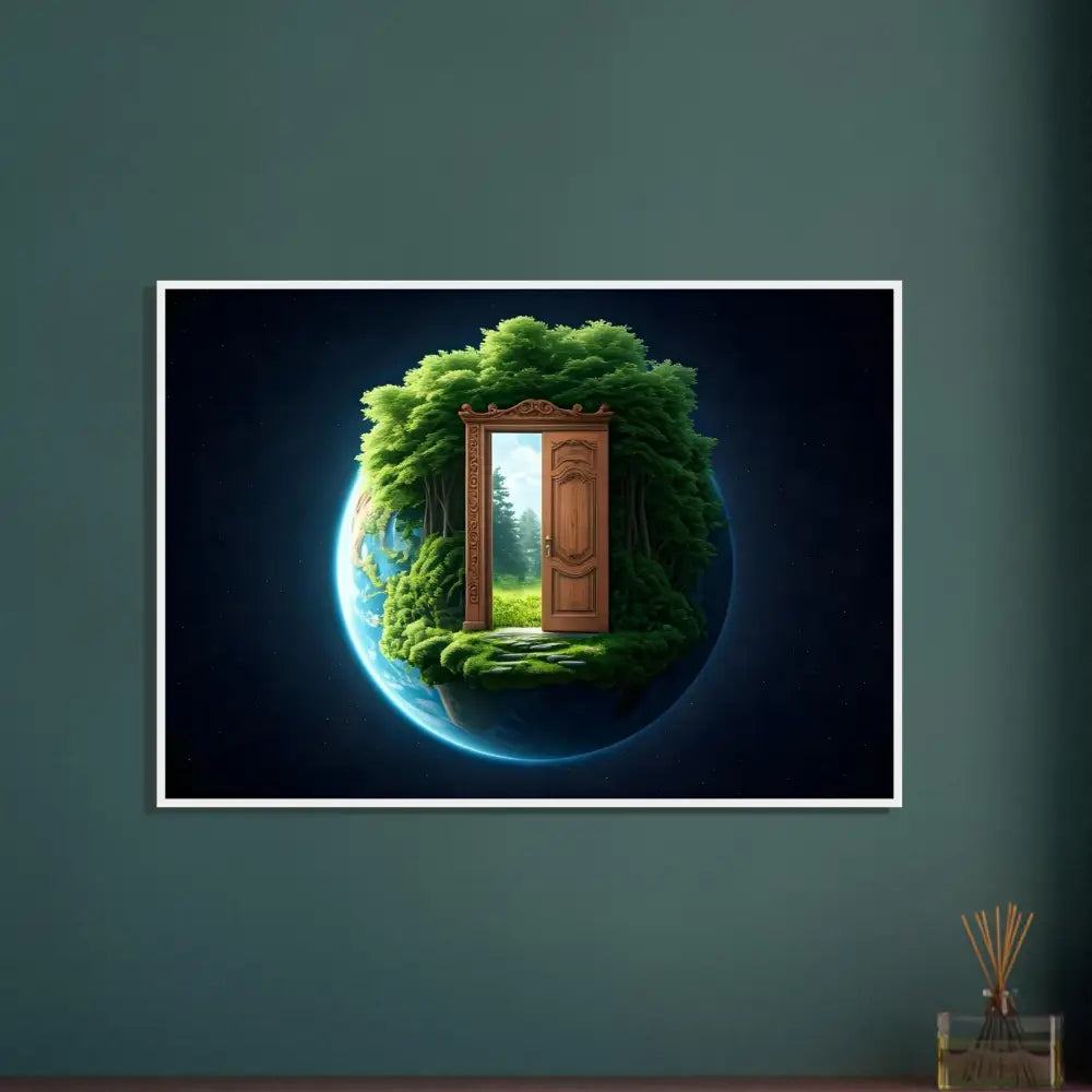 Framed Earth with doorway to lush nature, part of PixiOnyx Planetary Portal Print series