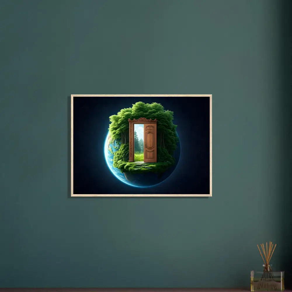 Framed nature portal artwork titled Framed Door to Earth Art The Lush Threshold displays planetary art