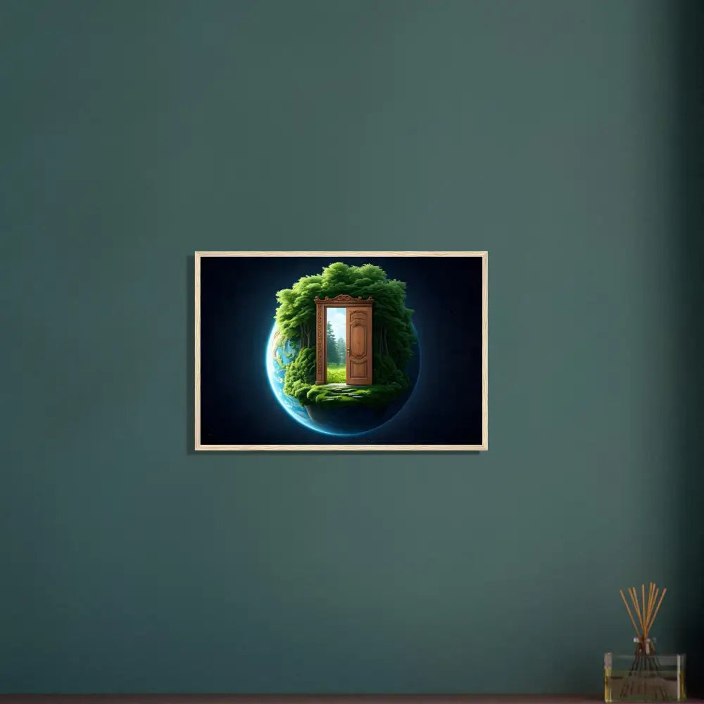 Framed Nature Portal Artwork showcasing a lush Earth-inspired planetary portal print
