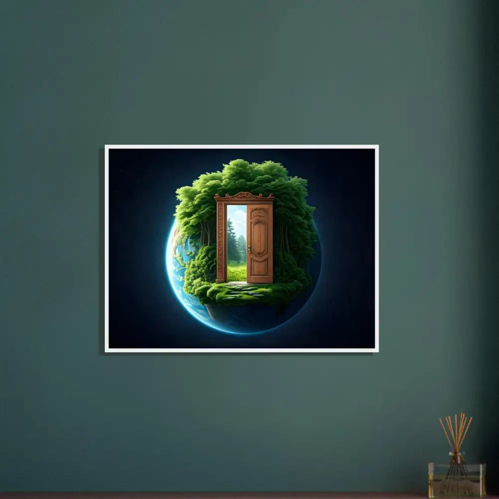 Framed Earth-doorway artwork featuring a lush planetary portal print by PixiOnyx