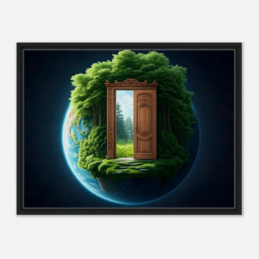 Framed artwork of Earth with a door leading to a lush forest on PixiOnyx Celestial Grove Display