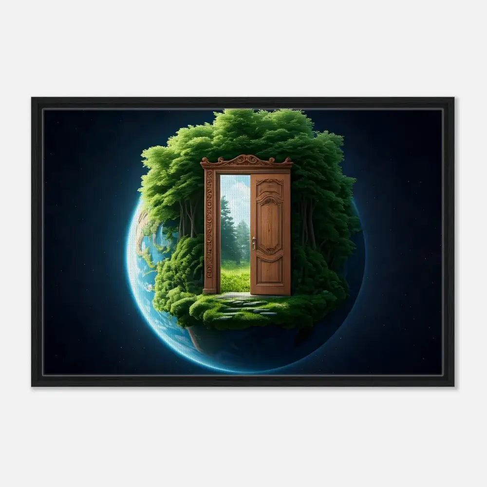 Framed Earth with a doorway to nature displayed in PixiOnyx Celestial Grove Canvas