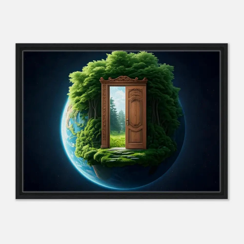 Framed Earth with doorway to lush nature on PixiOnyx Celestial Grove Canvas