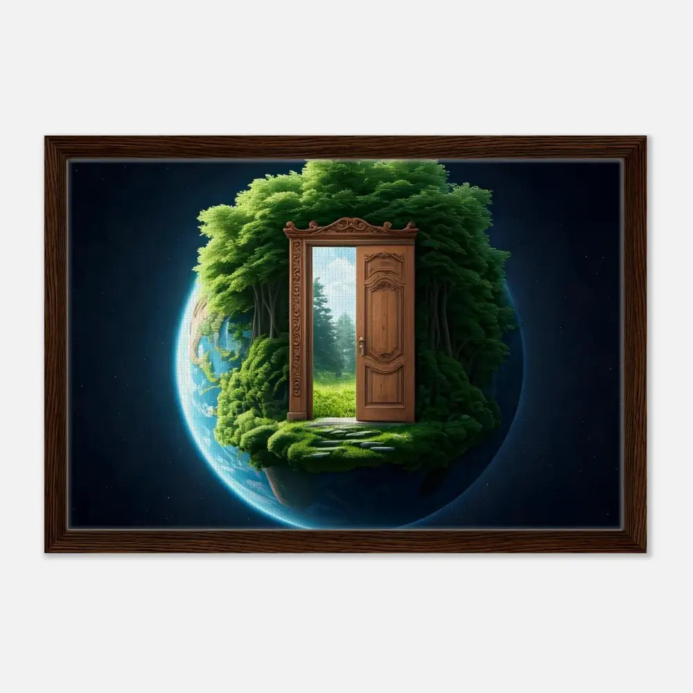Framed Earth with doorway leading to lush forest in PixiOnyx Celestial Grove Canvas