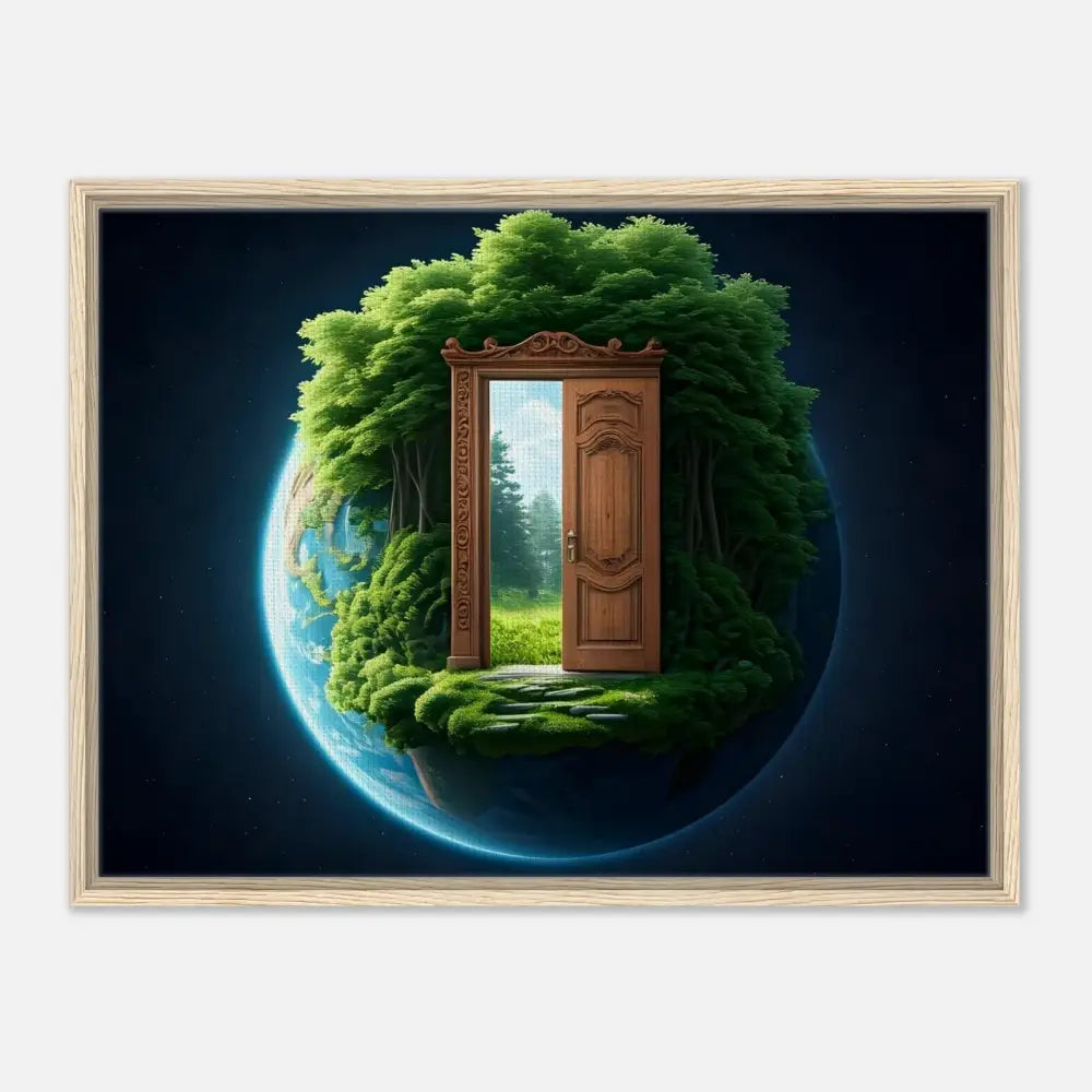 Framed artwork of a door to nature on a planet enhances the PixiOnyx Celestial Grove display